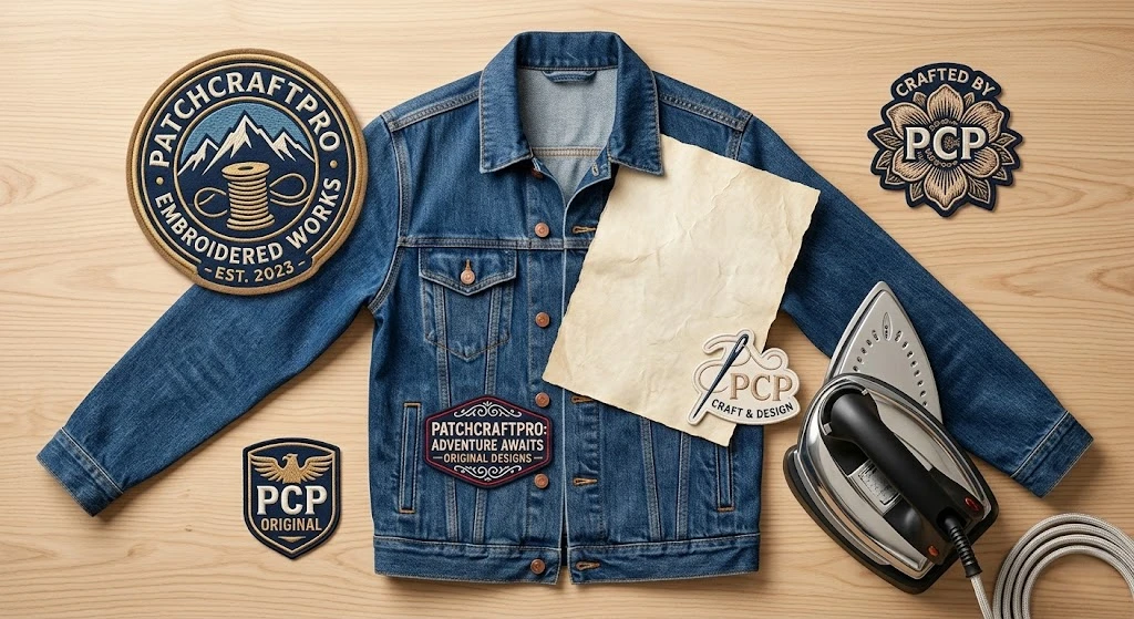 Flat lay of tools needed for how to iron on patches, including an iron, fabric, and patches.