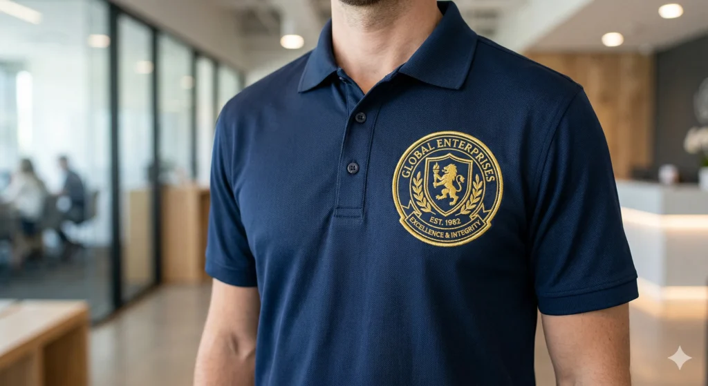 A durable, high-quality metallic thread emblem featuring intricate details and a gold shimmer finish.