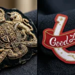A side-by-side comparison showing what is a bullion patch versus a modern metallic thread patch.