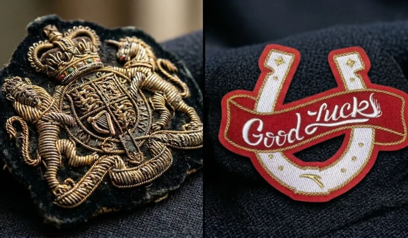 A side-by-side comparison showing what is a bullion patch versus a modern metallic thread patch.