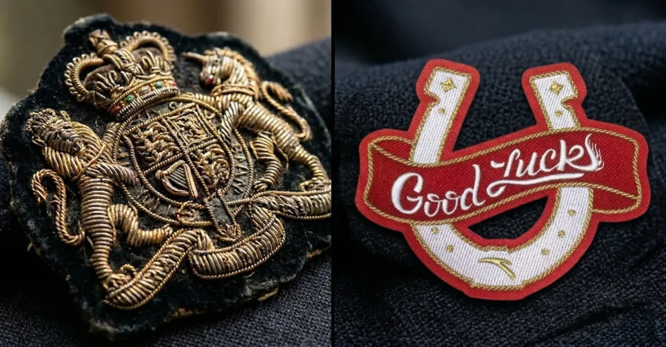 A side-by-side comparison showing what is a bullion patch versus a modern metallic thread patch.