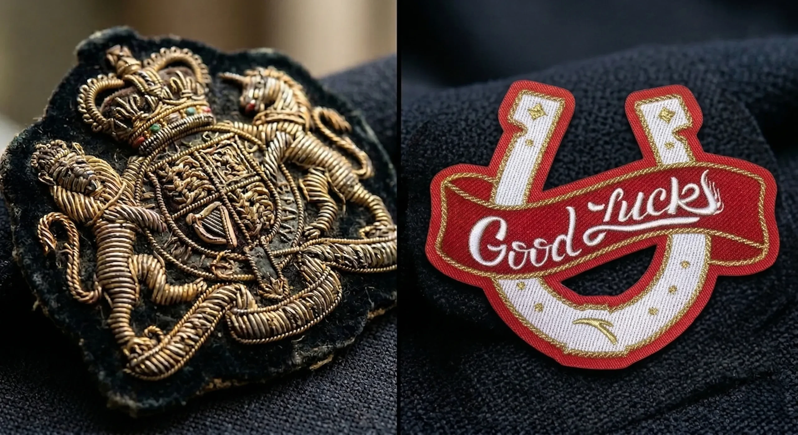 A side-by-side comparison showing what is a bullion patch versus a modern metallic thread patch.