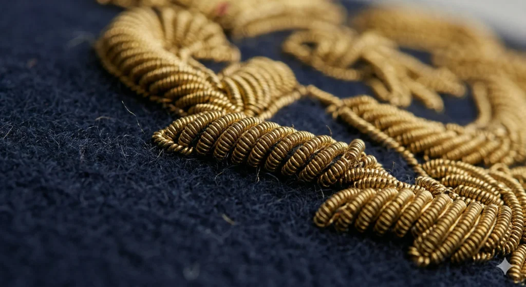 Detailed side view showing the 3D raised wire texture of a traditional gold wire emblem.