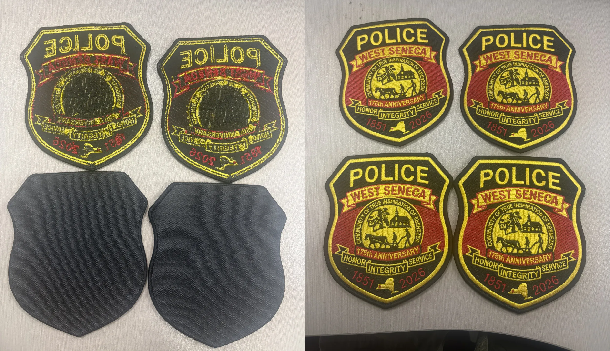 Custom police patches showing embroidered shield fronts and reverse sides