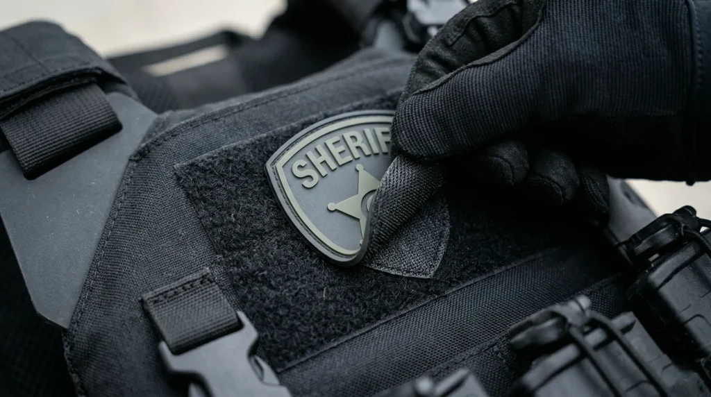 Detaching a tactical hook and loop backing from a police vest.