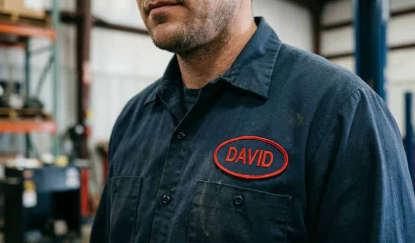 A high-quality embroidered work shirt name patch applied to a mechanic's uniform.