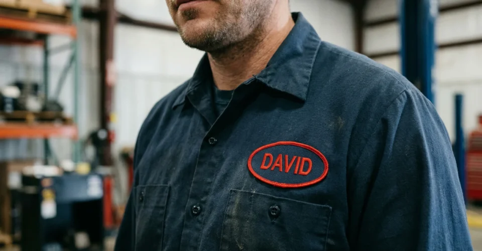A high-quality embroidered work shirt name patch applied to a mechanic's uniform.