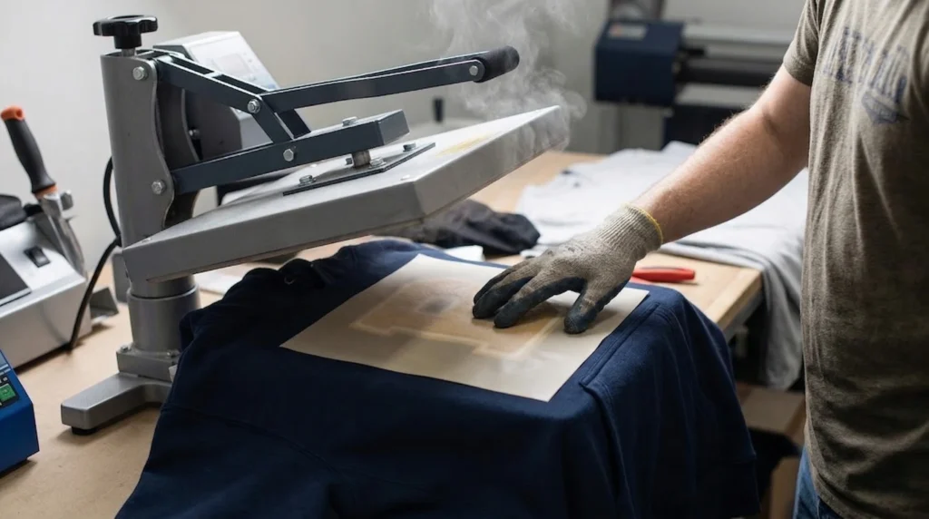 A factory worker applying iron on chenille patches to a custom sweatshirt.