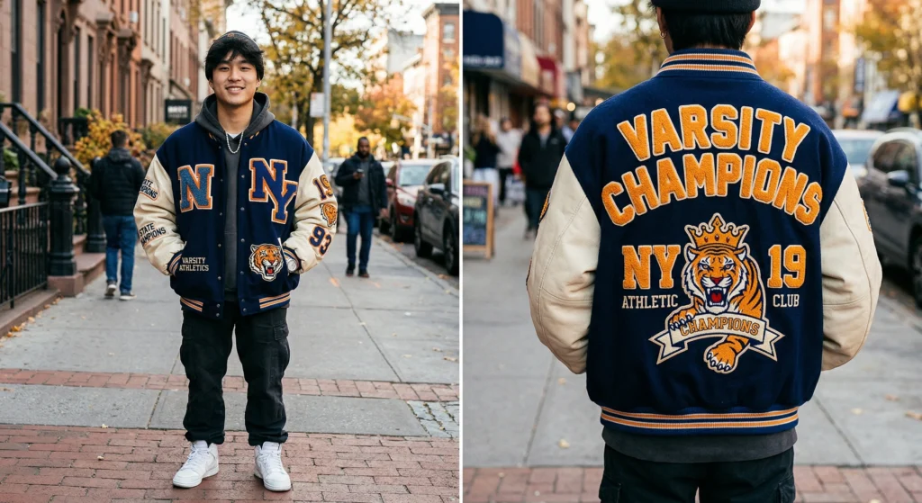 Classic large chenille letter patches applied to a vintage varsity jacket.