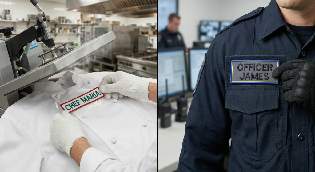 Comparing iron-on and Velcro backings for work uniform name patches.