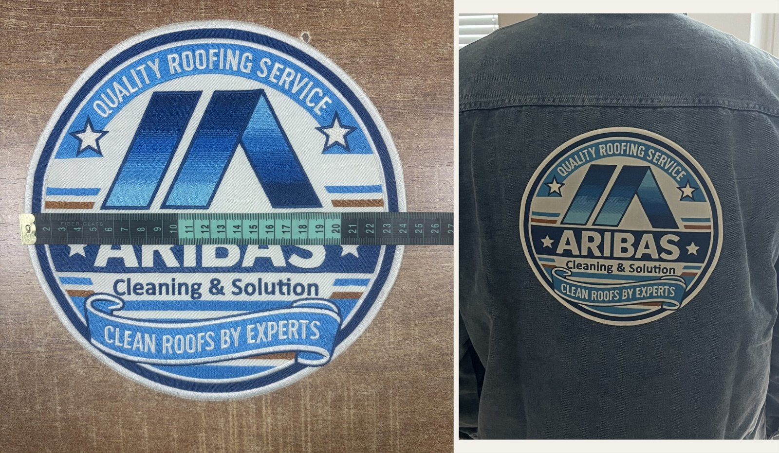 Custom patches for clothing: a round blue patch shown with a measuring tape and on the back of a denim jacket