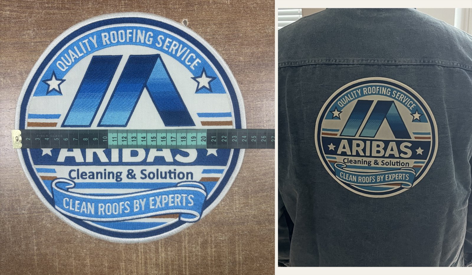 Custom back patches shown with a measuring tape and on the back of a denim jacket