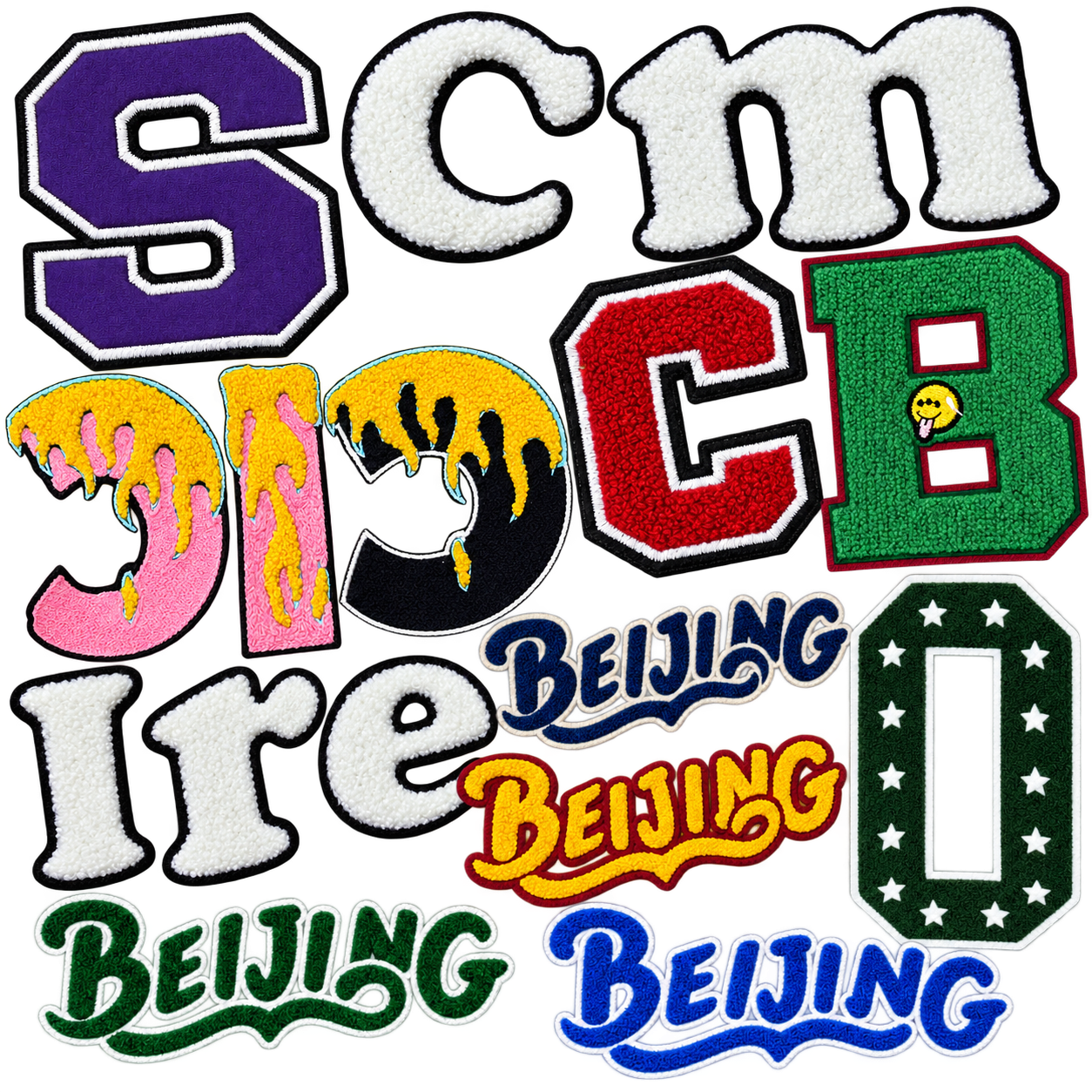 Custom lettering patches collage with varsity letters, chenille characters and script word designs