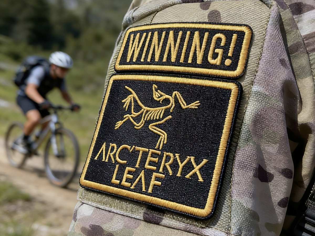 Custom tactical patches with yellow embroidered lettering and borders on a camouflage sleeve
