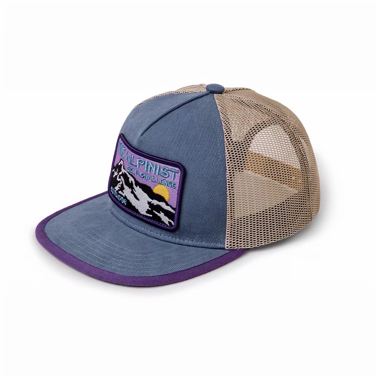 Blue-gray trucker hat with beige mesh, purple brim trim and a rectangular mountain patch