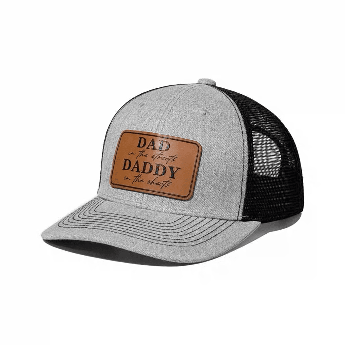 Heather-gray trucker hat with black mesh and a rectangular brown leather lettering patch.