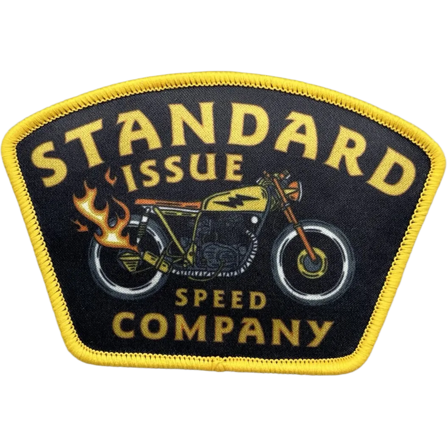 Printed motorcycle patch with yellow stitched border
