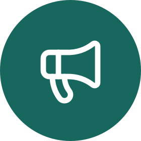 Megaphone white line icon on a teal circle