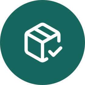 Package Check white line icon on a teal circle