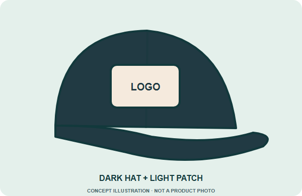 Illustrated cap showing dark hat + light patch; conceptual colors, not a stock color chart