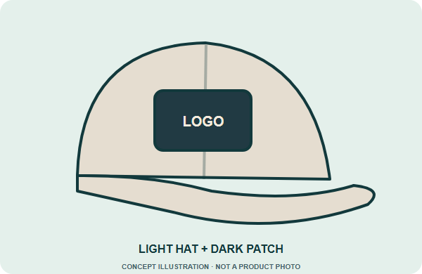 Illustrated cap showing light hat + dark patch; conceptual colors, not a stock color chart