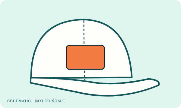 Front center patch position crossing the illustrated cap center seam
