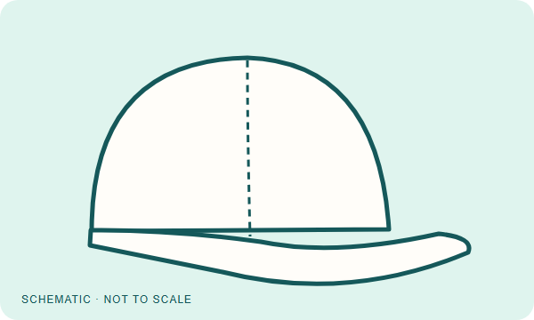 Structured cap illustration with a firm front crown and dashed center seam
