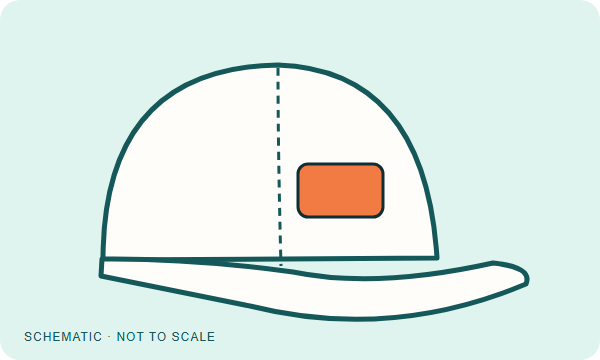 Workwear cap illustration with a compact patch away from the center seam