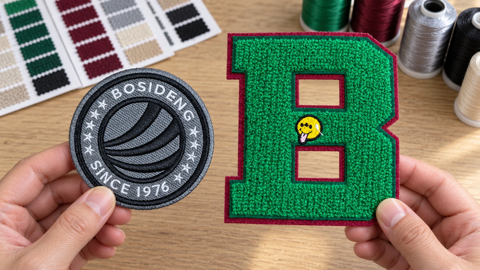 Chenille vs embroidered patches side by side: a round embroidered badge and a green chenille letter B held over a table with thread cones and color swatches.