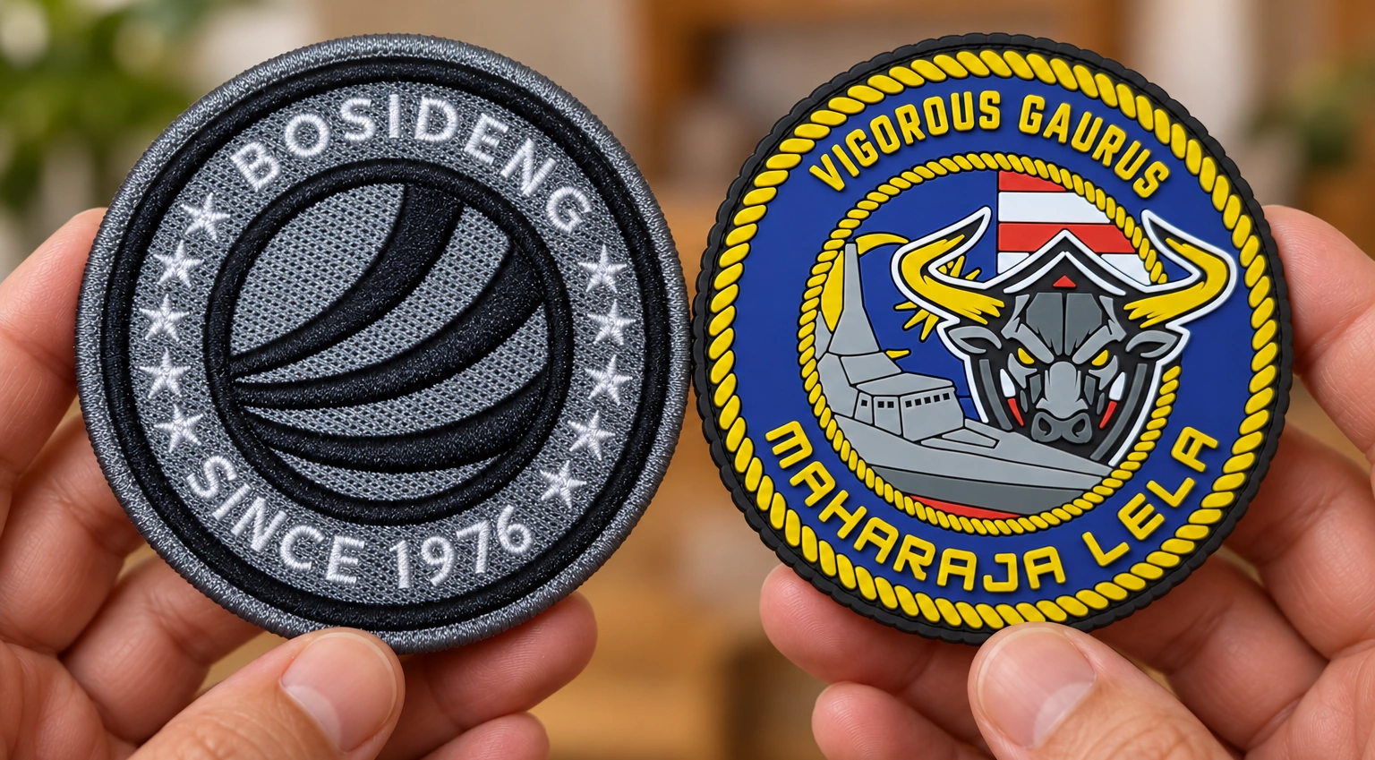 Embroidered vs PVC patches held side by side: a gray embroidered badge on the left and a blue and yellow molded PVC badge on the right.