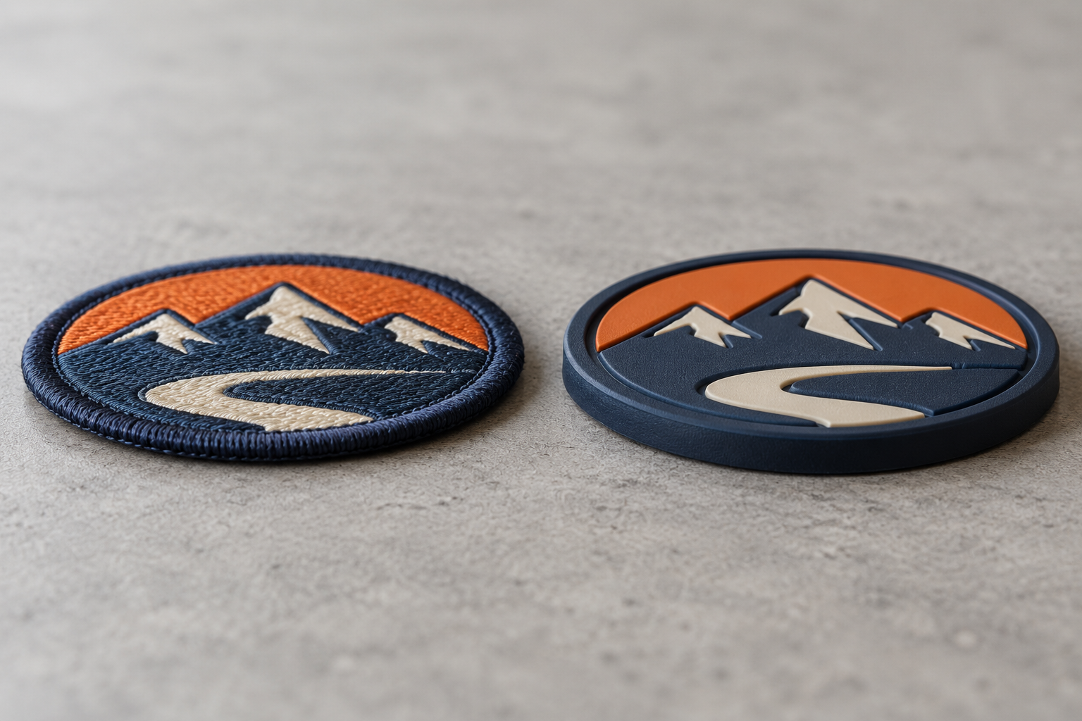 Low-angle comparison of an embroidered patch edge and a thicker molded PVC patch edge