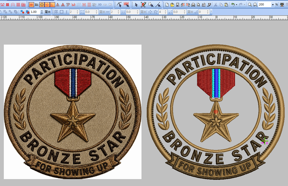 Embroidery digitizing software showing round badge artwork beside its digitized stitch preview