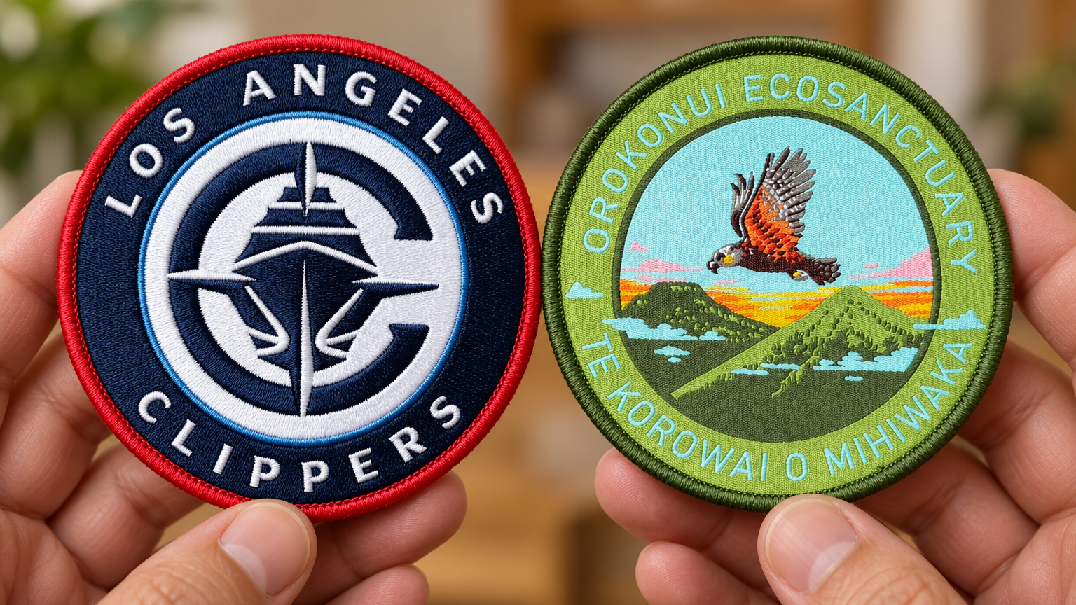 Embroidered vs woven patches held side by side, showing a navy embroidered badge and a green landscape woven badge.
