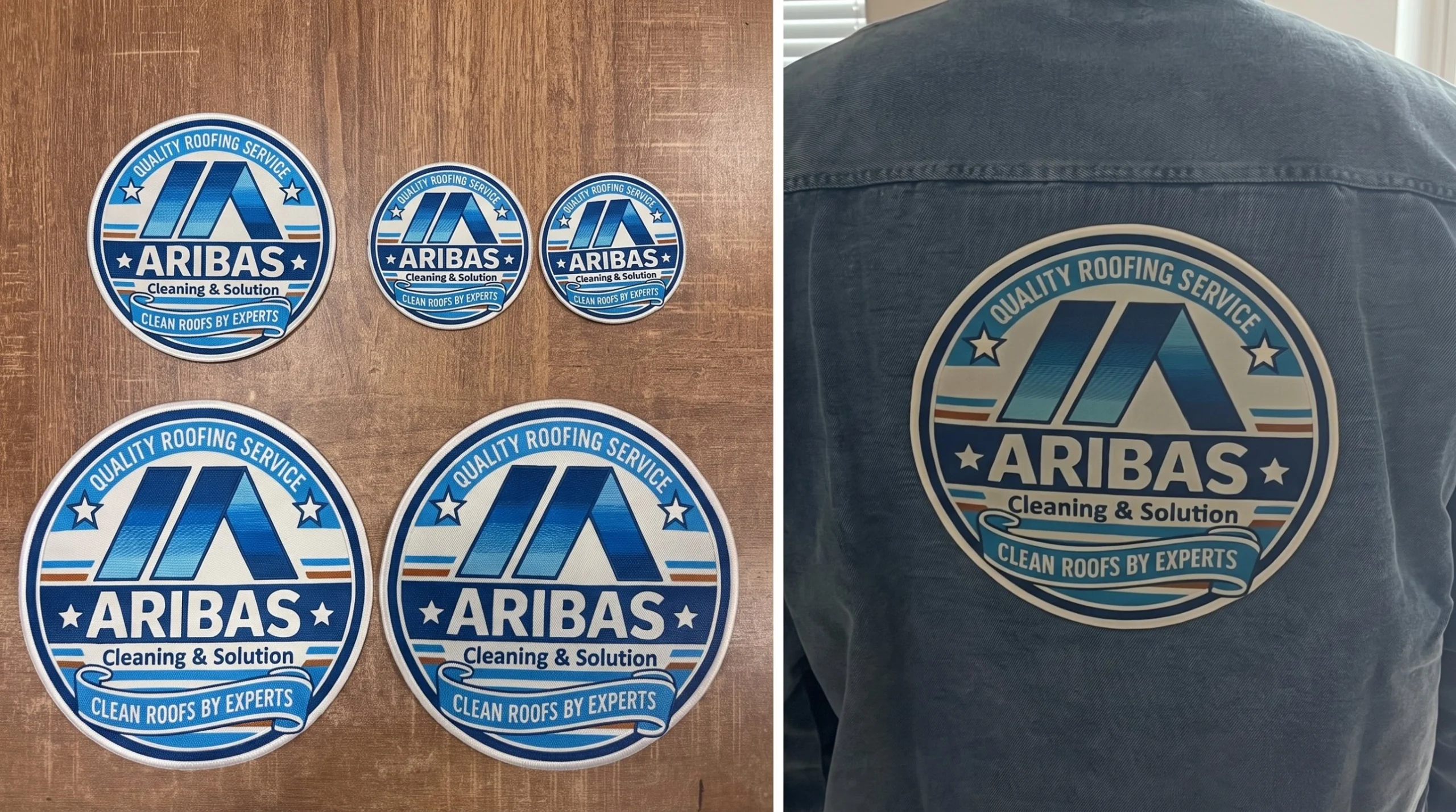 Round blue and white embroidered patches in chest and back sizes on a wooden table, and a large one on the back of a denim jacket