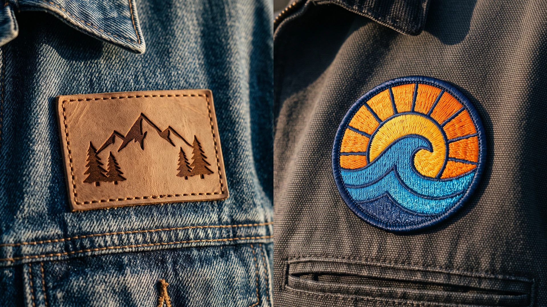 Leather vs embroidered patches: a brown laser-engraved leather patch on a denim jacket beside a multicolor embroidered patch on a canvas work jacket.
