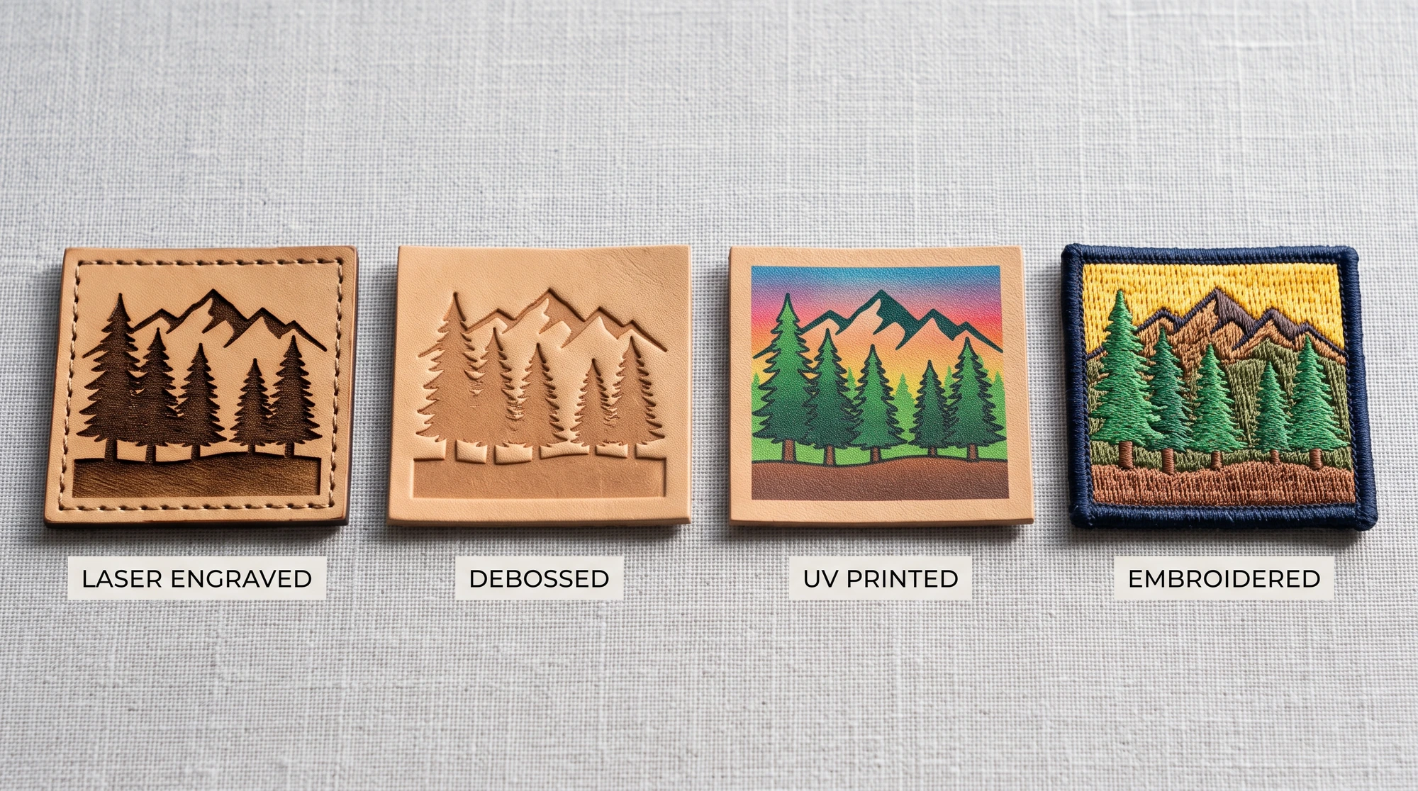 Leather vs embroidered patches: the same mountain-and-pine design laser engraved, debossed and UV printed on leather, and embroidered in thread.